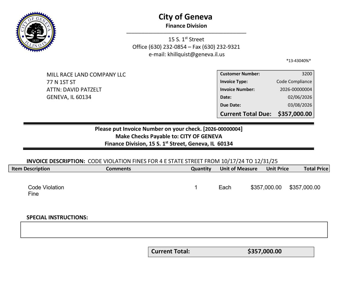 A 2026 invoice the city of Geneva sent to the Mill Race Land Company LLC, an entity created by Shodeen Development, for a $750-per-day fine in connection with a property maintenance citation from 2024.