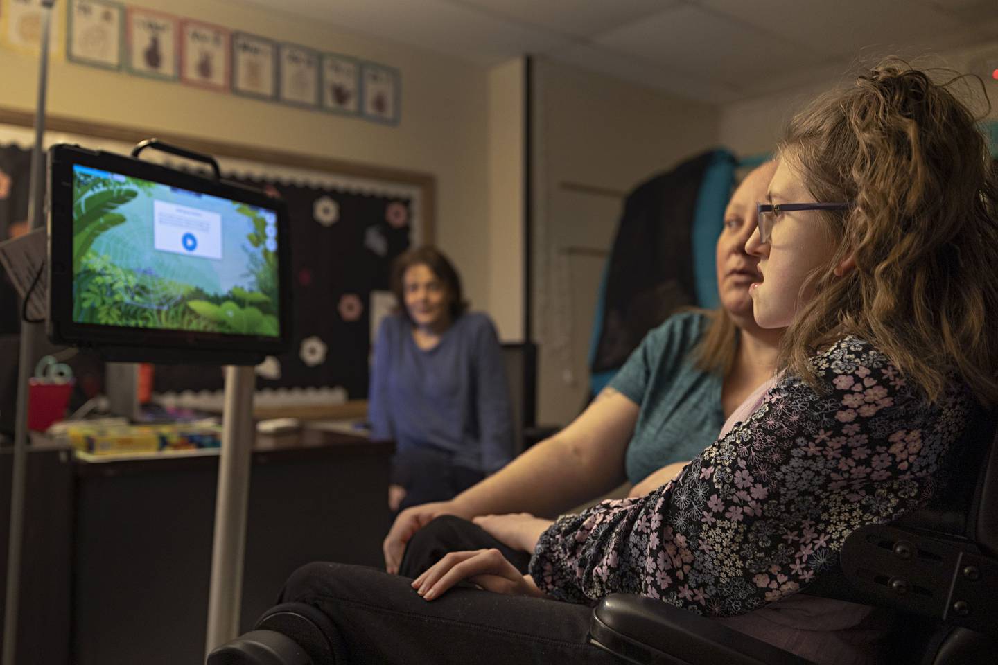 The eye gaze technology allows student Addy Weidman to move items and characters around a screen for learning purposes.