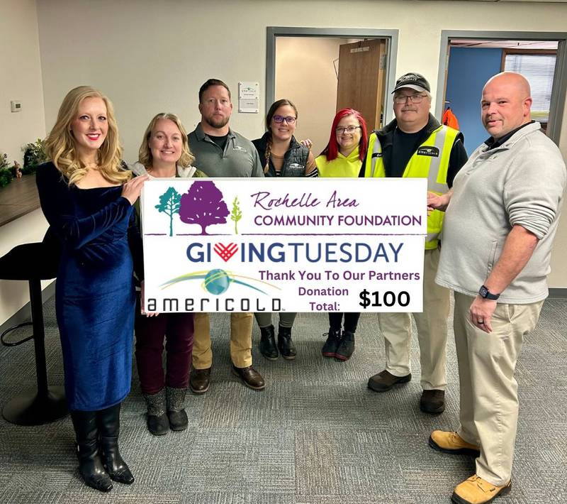 Americold presents a donation to the Rochelle Area Community Foundation for Giving Tuesday.