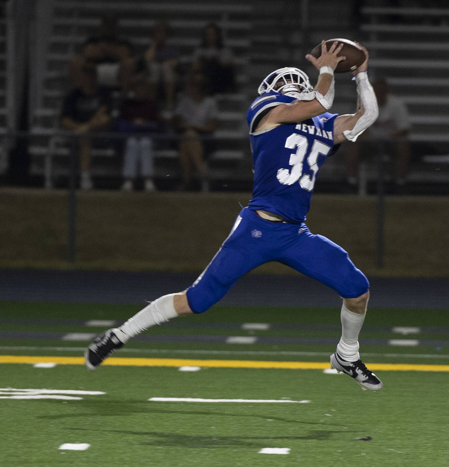 Newman’s Daniel Kelly hauls in a pass over the middle for a TD against Orion Friday, Sept. 20, 2024, at Roscoe Eades Stadium in Sterling.
