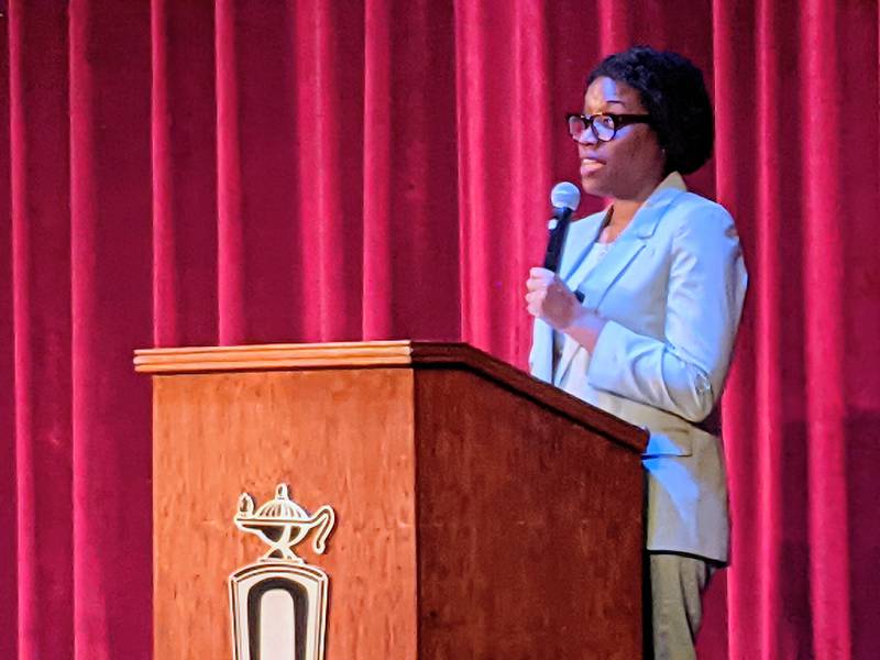 U.S. Rep. Lauren Underwood, D-Naperville, speaks at a town hall meeting at Oswego High School Monday, Aug. 18, 2025.