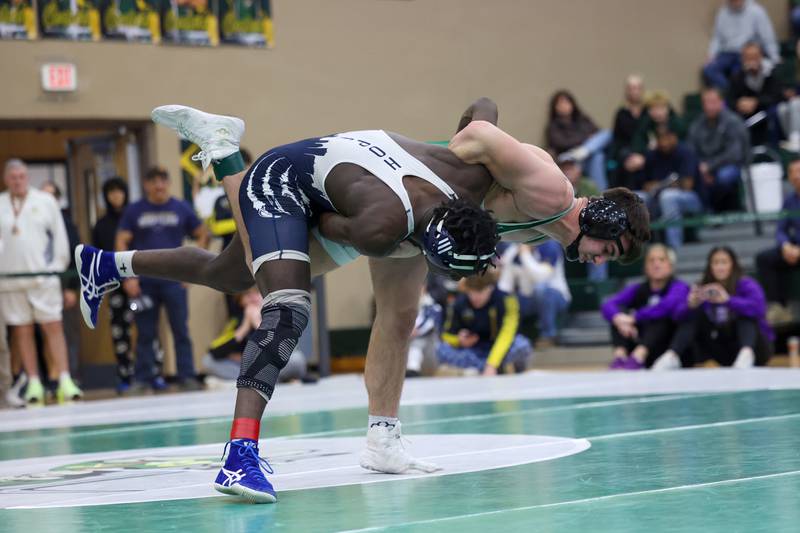 Coal City's Brock Finch wrestles Chicago Hope Academy's Arkail Griffin in the 175-pound championship match during the IHSA Class 1A Coal City Sectional on Saturday, Feb. 14, 2026.