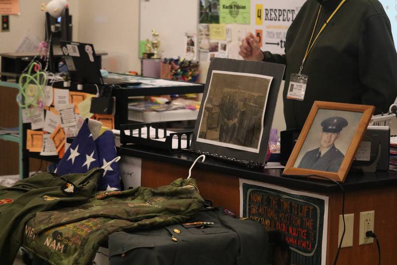 Rockford resident Edward Higgins showcases military relics and uniforms on Nov. 10, 2025, from his time in the service during the Vietnam War.