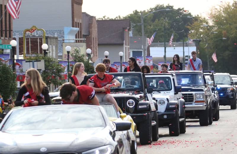 The Hall High School Homecoming parade makes it's way down East St. Paul Street during the Homecoming parade on Thursday, Sept. 18, 2025 downtown Spring Valley.