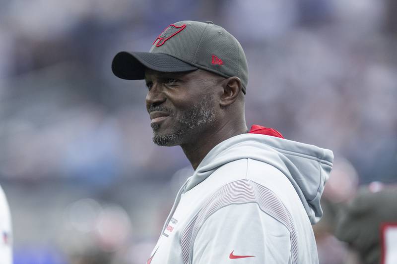 Tampa Bay Buccaneers defensive coordinator Todd Bowles looks on before a game against the Los Angeles Rams on Sept. 26, 2021, in Inglewood, Calif.