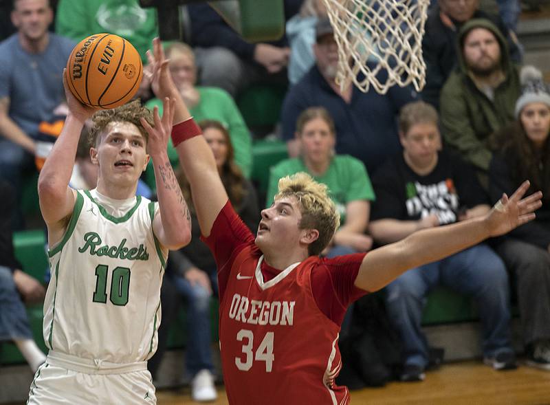 Rock Falls’ Kuitim Heald puts up a shot against Oregon’s Kade Girton Friday, Jan. 10, 2025, at Rock Falls High School.