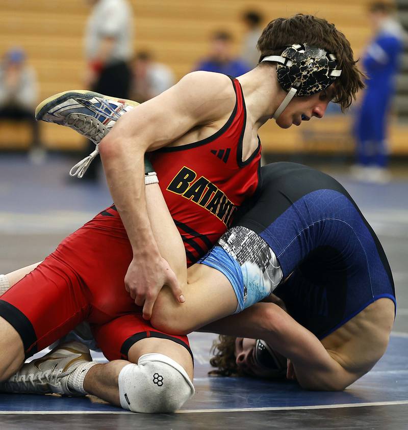 Sammy Sikorsky of Geneva wrestles Kai Enos of Batavia at 113-lbs at the 2025 DuKane Boys Varsity Tournament Saturday, Jan. 25, 2025 in St. Charles.