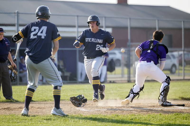 Sterling’s Braden Birdsley scores the tying run against Rochelle in class 3A regional action on Monday, May 22, 2023.