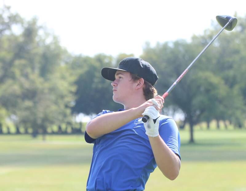 Peotone's Joe Hasse tees of during the Illinois Central Golf Meet on Monday, Sept. 18, 2023 at Wolf Creek Golf Course in Pontiac.