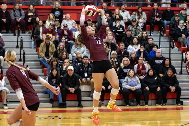 Lockport's Natalie Bochantin sets-up a teammate during a 4A Supersectional girls volleyball game against Oak Park-River Forest at Hinsdale Central on Nov. 10, 2025.