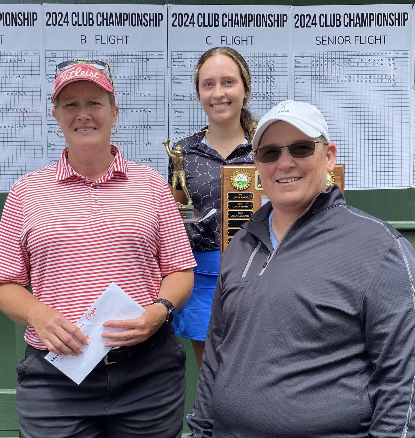 Pictured, left to right, are 2024 Emerald Hill Golf Association Women's Club Championship runner-up L. Adams, champion Maddie Pink, and Joanna Sharp (third place).