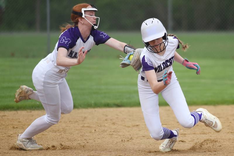 Manteno's Savanna Watkins, left, tags out Wilmington's Keeley Walsh during a game at Wilmington Tuesday, April 21, 2026.