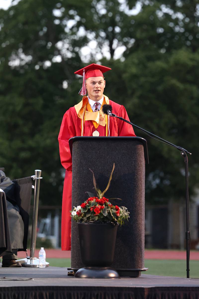 Calvin Kohl speaks to his classmates during the Bradley-Bourbonnais Community High School commencement ceremony on Thursday, May 21, 2026.