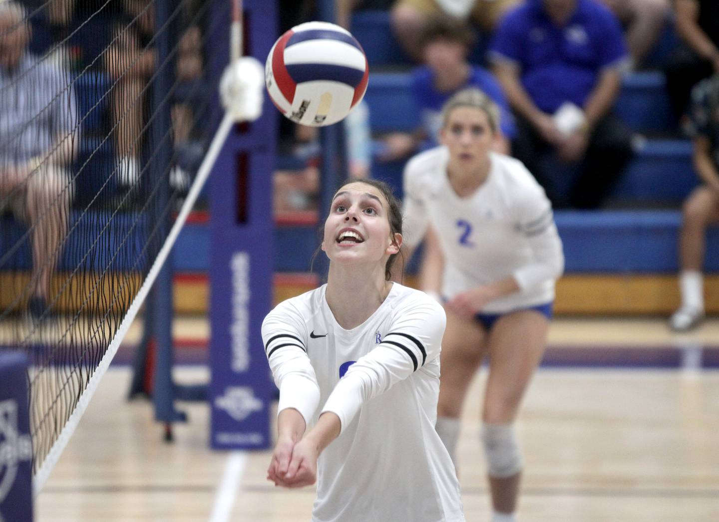 Rosary’s Sarah Nierman bumps the ball during a game against St. Charles North in Aurora on Monday, Aug. 21, 2023.