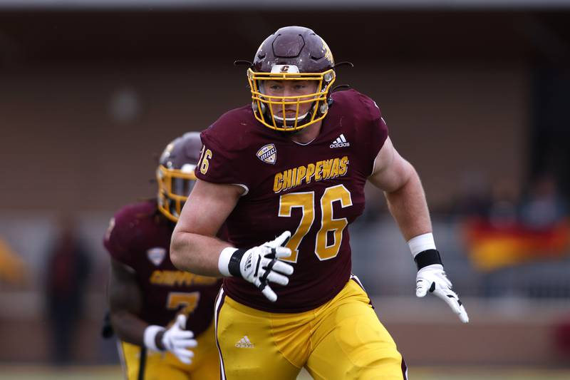 Central Michigan offensive lineman Bernhard Raimann plays against Eastern Michigan on Nov. 26, 2021 in Mount Pleasant, Mich.