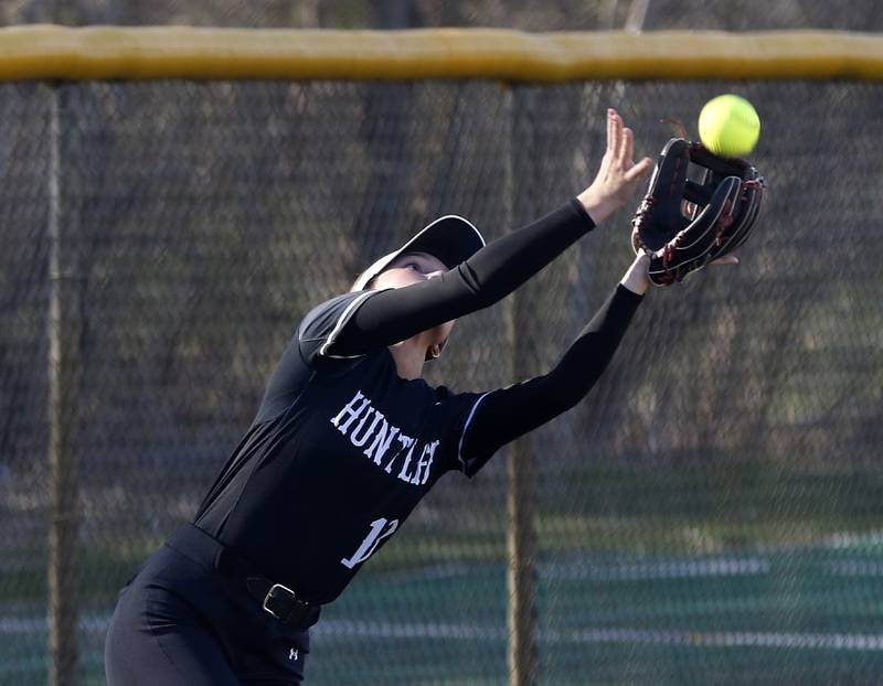 Huntley's Grace Benson catches a foul ball during Fox Valley Conference softball game against Prairie Ridge on Monday, April 14, 2025, at Prairie Ridge High School in Crystal Lake.