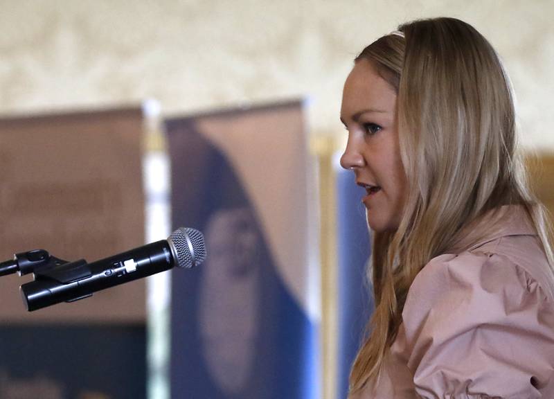 Award recipient Laura Dzielski-Johnson speaks during the Northwest Herald's Women of Distinction award luncheon Wednesday June 7, 2023, at Boulder Ridge Country Club, in Lake in the Hills. The luncheon recognized 10 women in the community as Women of Distinction.