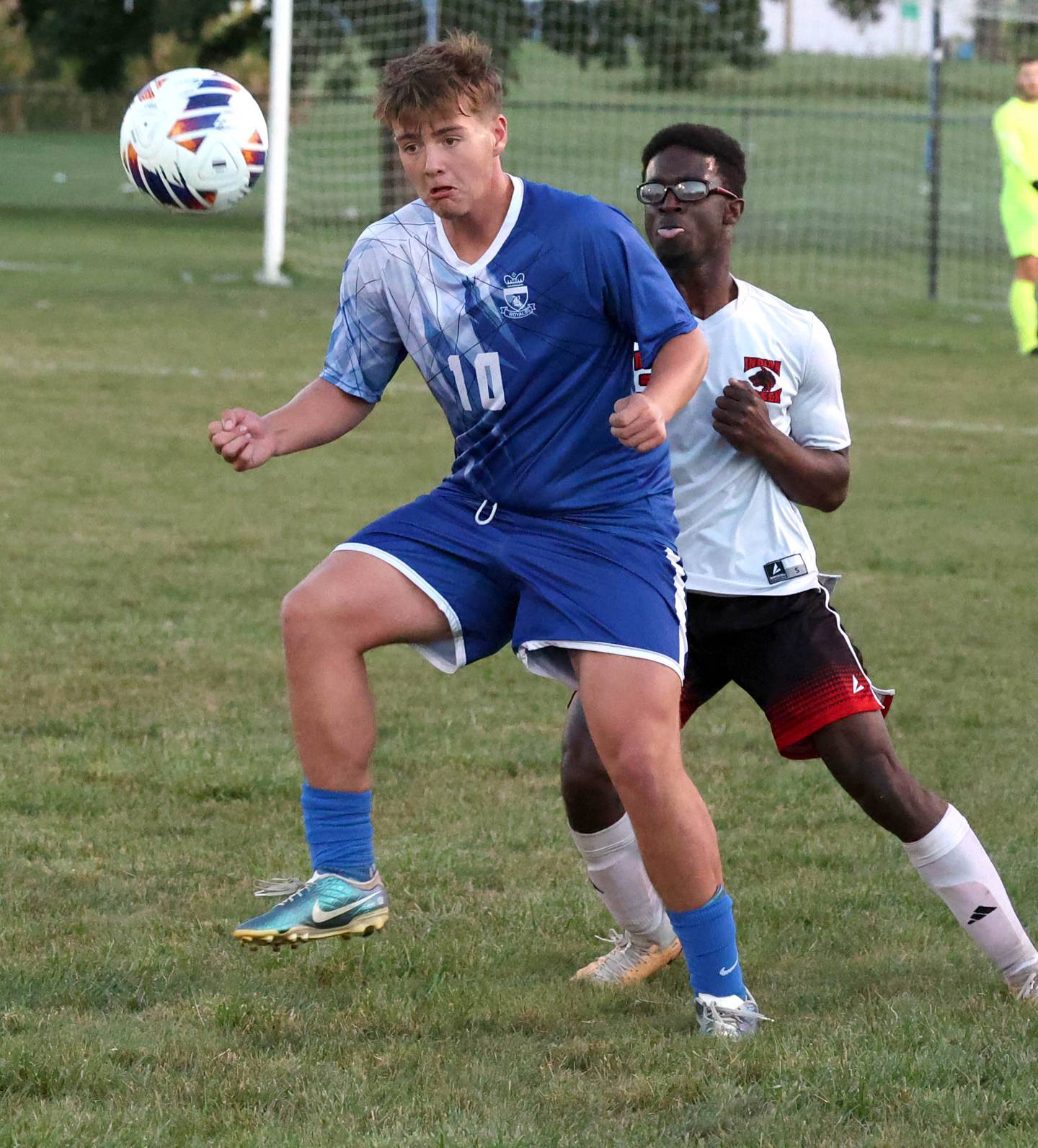 Hinckley-Big Rock's Austin Roop tries to hold off Indian Creek's Cayden Gaston during their game Wednesday, Oct. 2, 2024, at Hinckley-Big Rock High School.