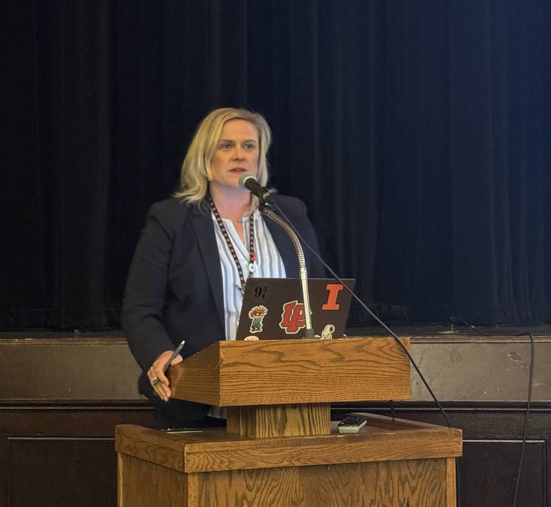 La Salle-Peru Principal Ingrid Cushing speaks during Wednesday night ag meeting.