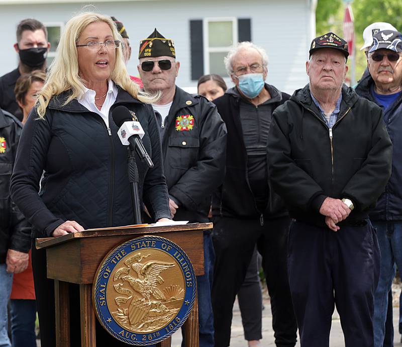 Illinois State Senator Sue Rezin (R-Morris) joined by several veteran organizations, who stand united to call for accountability and the passage of life-saving legislation in response to the deadly LaSalle Veterans’ Home COVID-19 outbreak at the Illinois Veterans home in La Salle on Monday May 5, 2021.