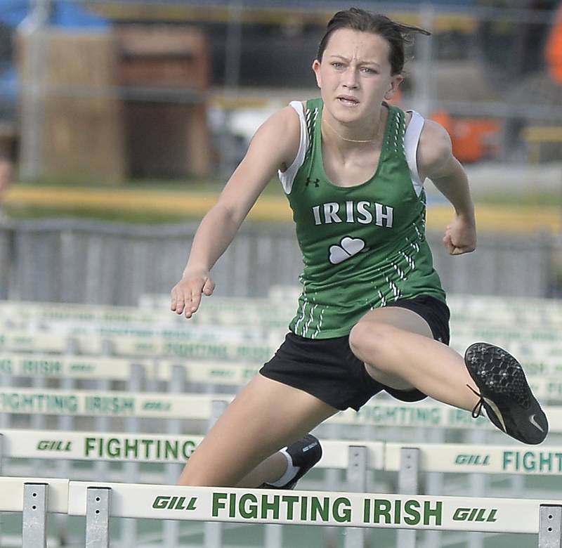 Seneca’s Lilly Pfeifer competes in the 100-meter hurdles during the Class 1A Seneca Sectional girls track and field meet Thursday, May 11, 2023, at Seneca High School.
