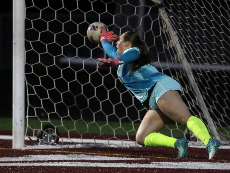 Richmond-Burton's Rylee Molczan tries to block a penalty kick during the Kishwaukee River Conference Girls Soccer Tournament Championship Match against Richmond-Burton on Wednesday, May 7, 2025, at HRichmond-Burton High School in Richmond.
