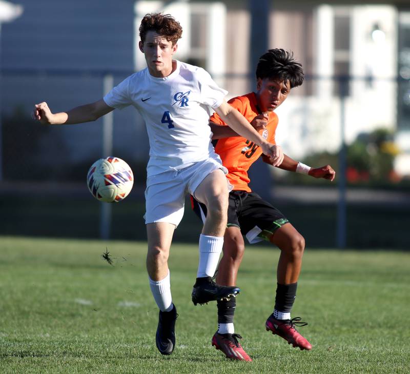 Burlington Central’s Wagner Viebrock, front, battles Crystal Lake Central’s Ulisses Mateos in varsity soccer on Thursday Sept. 26, 2024, at Crystal Lake Central High School in Crystal Lake.