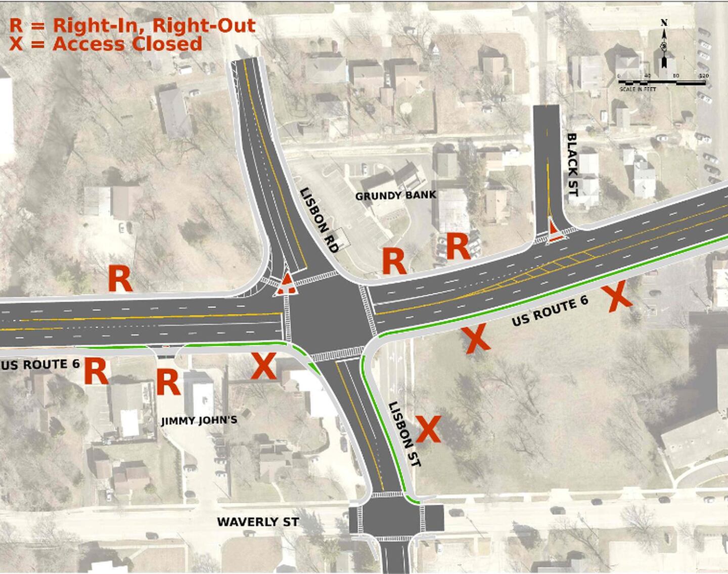 The proposed changes at Lisbon Road and Lisbon Street show the creation of multiple right-in, right-out turns along Route 6 and the elimination of the second intersection.