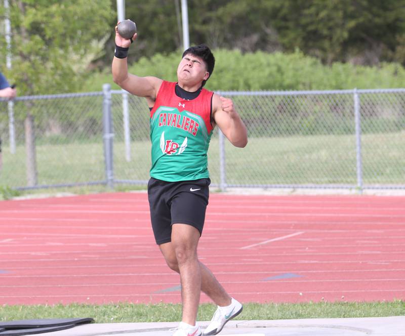 L-P's Anders Medina throws shot put during the I-8 Boys Conference Championship track meet on Thursday, May 11, 2023 at the L-P Athletic Complex in La Salle.