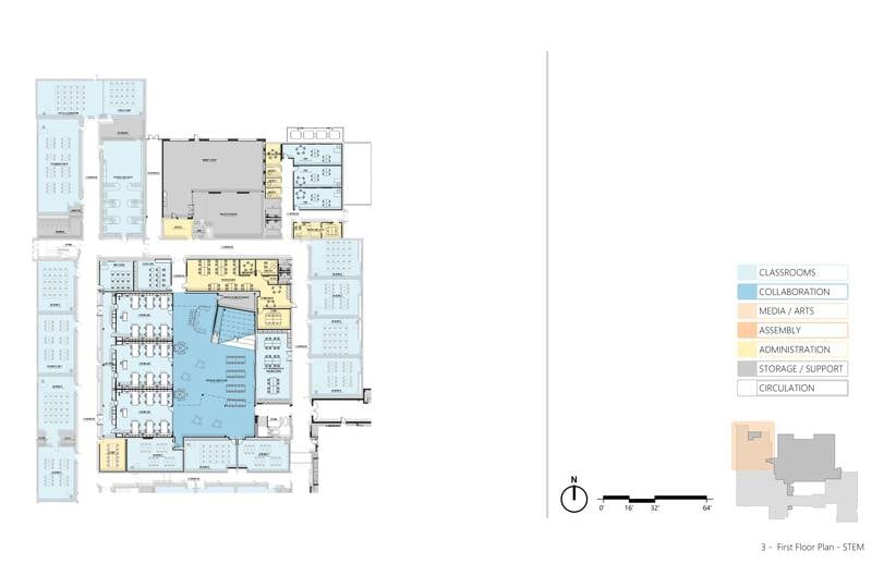 Blueprints show the updated plan for Bradley-Bourbonnais Community High School's Building Better facility project.