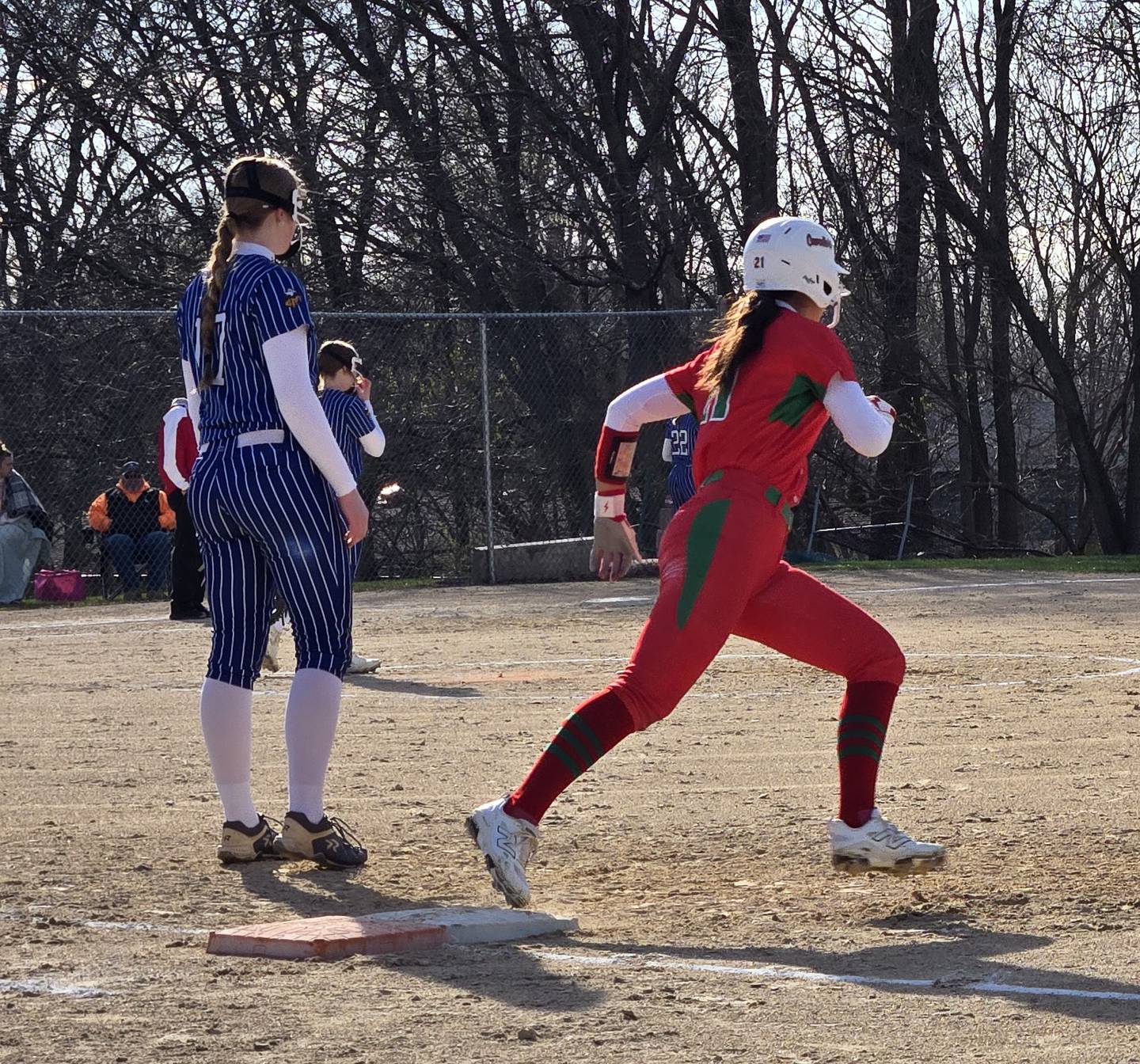 La Salle-Peru's Anna Riva rounds first base on the way to a double in the third inning of Tuesday's game against host Newark.