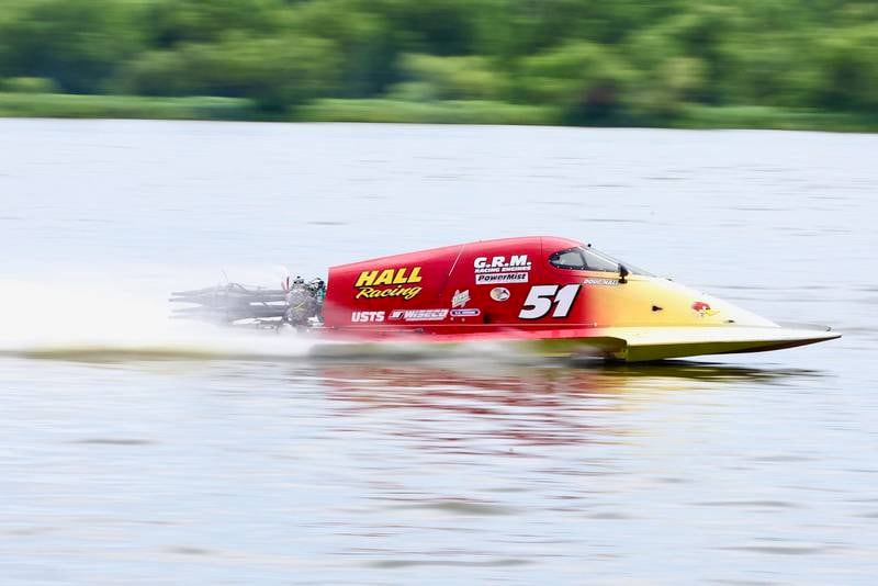 Doug Hall of DeKalb, Mo., races during the APBA Pro National Boat Races on Sunday, July 27, 2025 in DePue.