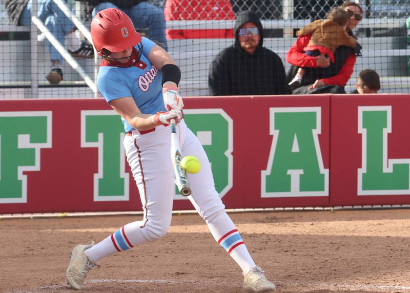 Ottawa's Aubrey Sullivan smacks a hit against L-P on Wednesday, April 29, 2026 at the L-P Athletic Complex in La Salle.