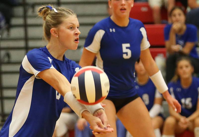 Princeton's Caroline Keutzer returns a serve from L-P on Tuesday, Aug. 26, 2025 in AJ Sellett Gymnasium at L-P High School.