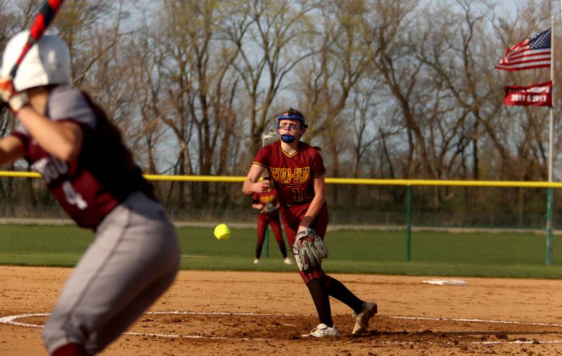 Richmond-Burton’s Hailey Holtz deals in varsity softball at Marengo Wednesday evening.