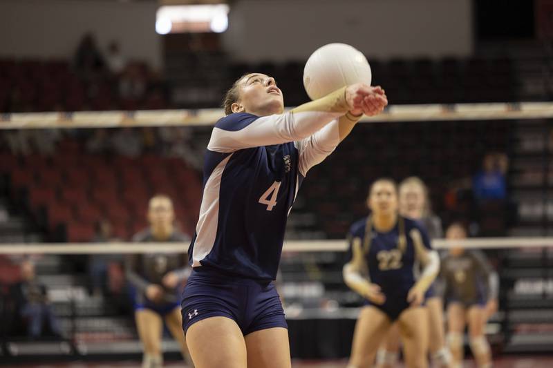 IC Catholic’s Ava Falduto saves a shot Friday, Nov. 11, 2022 during a class 2A semifinal volleyball game Friday, Nov. 11, 2022 against Freeburg.