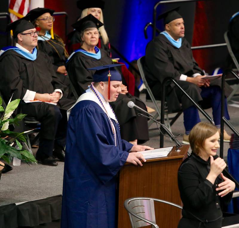 Student Keynote Speaker Luke Lockwood speaks at the Oswego High School Class of 2024 Commencement Ceremony on Saturday, May 18, 2024 in DeKalb.