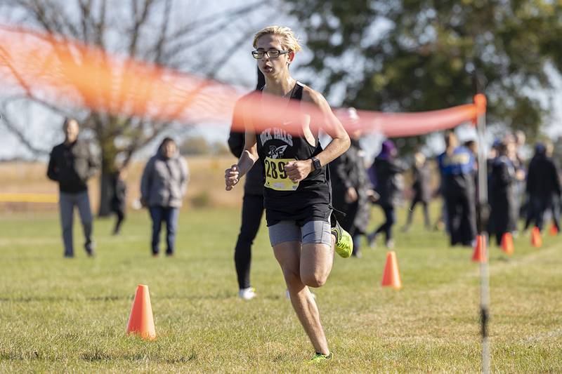 Rock Falls’ Gunnar Damhoff finishes 18th during the Big Northern Conference cross country race at Sauk Valley College Saturday, Oct. 15, 2022.