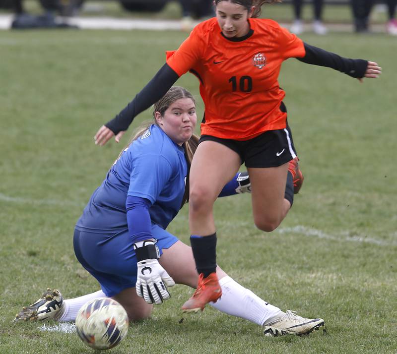 Crystal Lake Central's Addison Schaffer jumps over Kaneland goalie Natalie Myers on the way to scoring a goal during a nonconference soccer game on Thursday, April 10, 2025, at Crystal Lake Central High School.