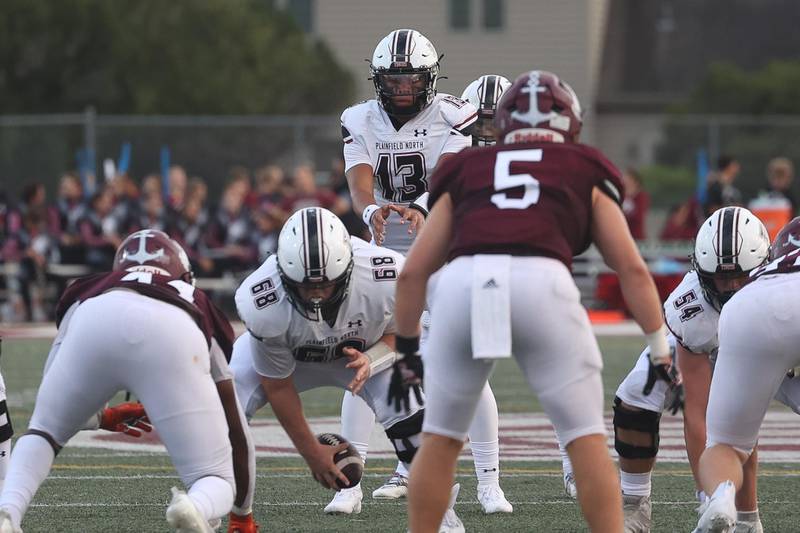 Plainfield North’s Cole Svara takes the snap from Rome Marsaglia against Lockport on Friday, August 30, 2024 in Lockport.