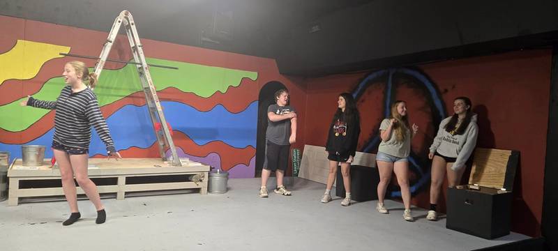 The cast of "Godspell" rehearses at the Morris Theatre Guild.