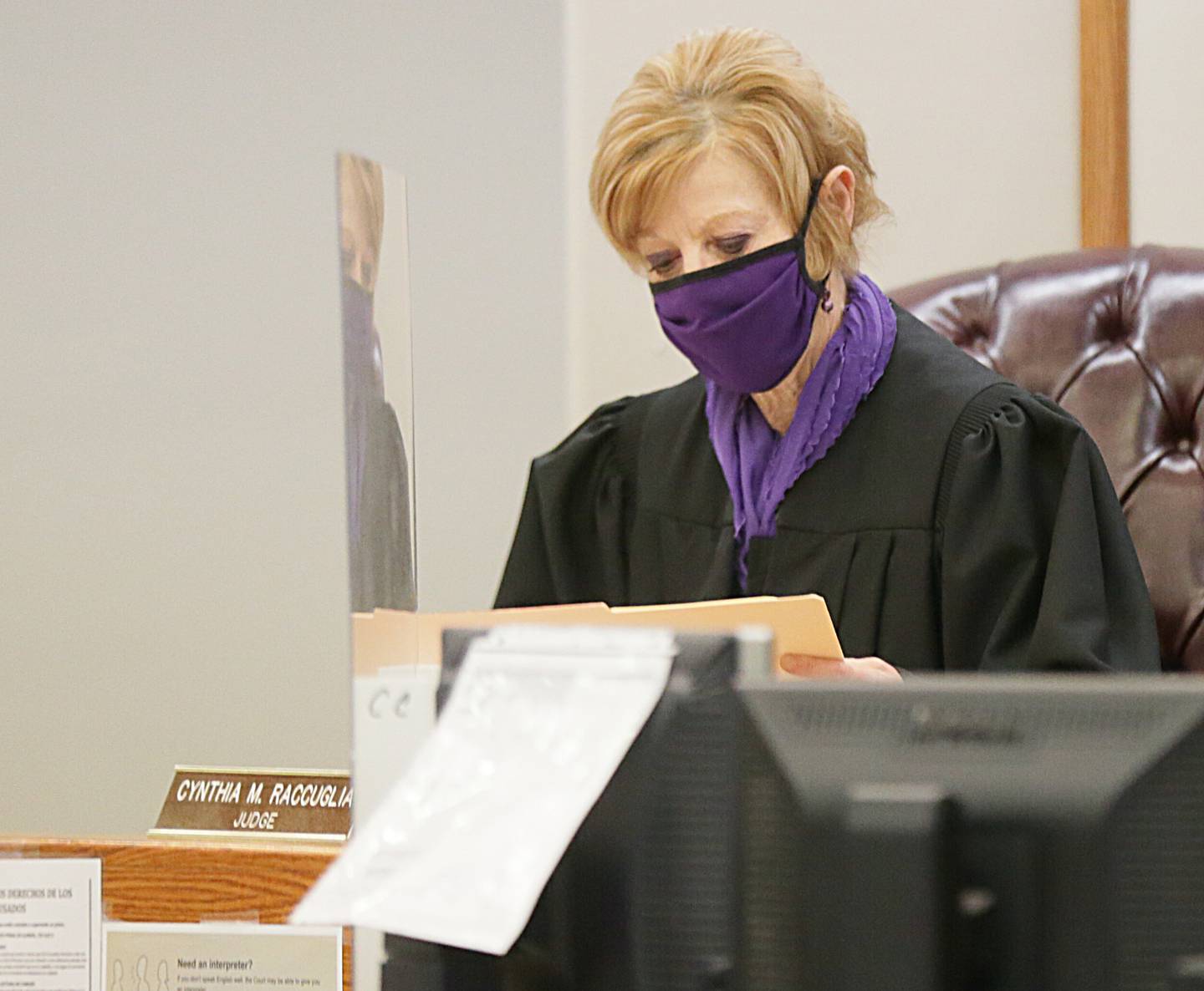 Judge Cynthia Raccuglia, reads the scheduled trial date for August 16, 2021 for Michael Swift, 29, of Mokena.  Swift has been charged with three counts for first degree murder in the stabbing death of his ex-girlfriend Grace Ann Taylor, age 21.