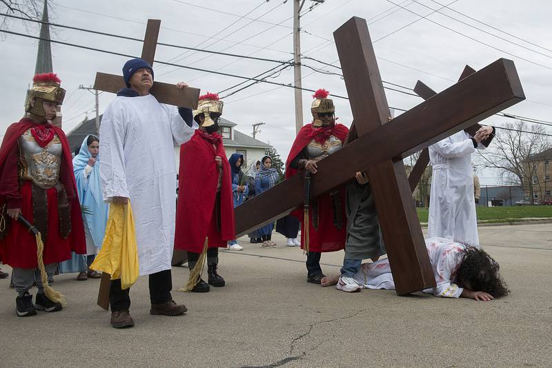 The third station of the cross is where Jesus falls for the first time. There are 14 recognized stations in the devotion.