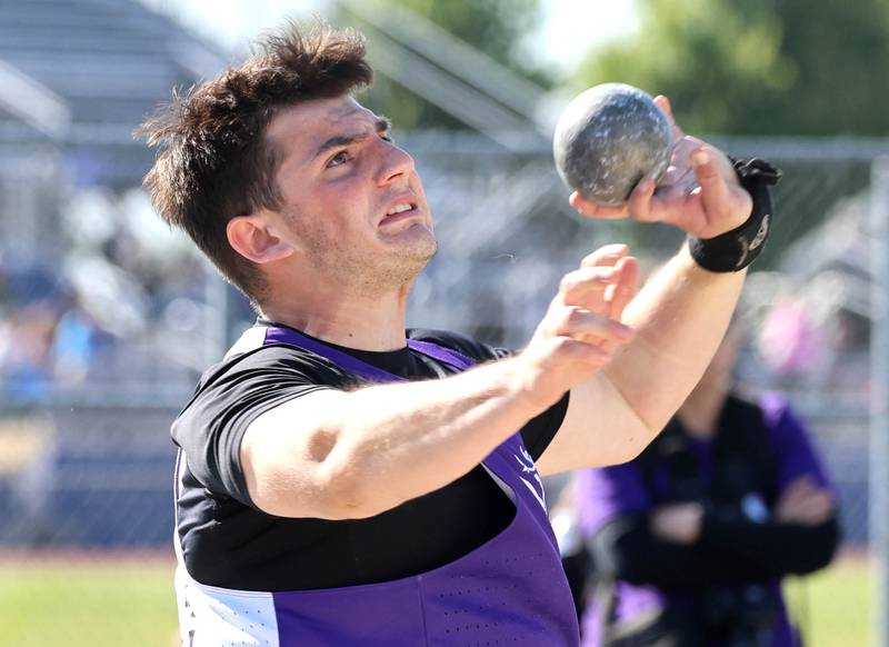 Dixon’s Max Kitzman takes one of his throws in the shot put Wednesday, May 20, 2026, during the Class 2A boys track sectional at Rochelle High School.