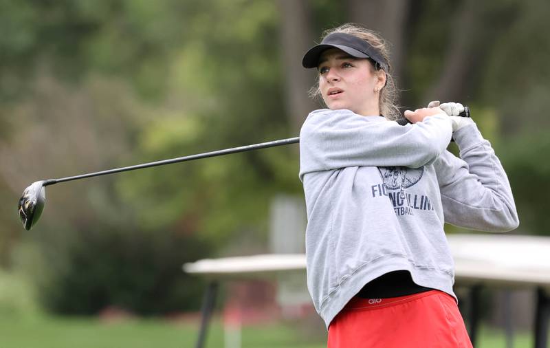 Batavia’s Amanda Naylor tees off on the first hole Thursday, Sept. 28, 2023, during the Class 2A girls golf regional at Sycamore Golf Club in Sycamore.