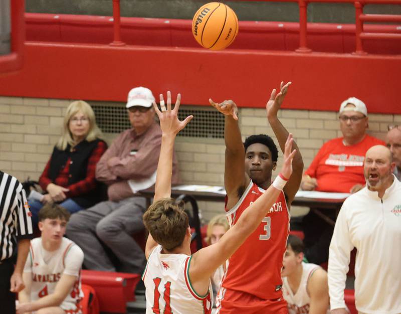 Streator's Sharonn Morton lets go of a shot over L-P's Jameson Hill during the Dean Riley Shootin' The Rock Thanksgiving Tournament on Monday Nov. 24, 2025 in Kingman Gymnasium at Ottawa High School.