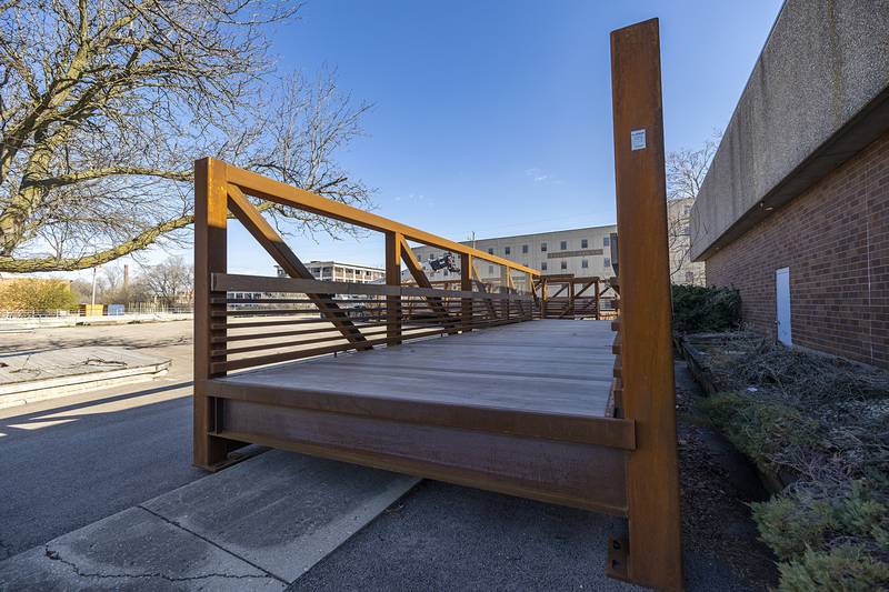Pedestrian bridge spans sit in a parking area in Sterling Monday, April 6, 2026.
