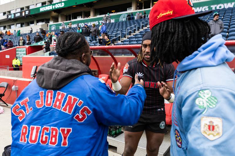 Chicago Hounds' Mataiyasi Leuta shakes hands with some fans after a match at Seat Geek Stadium in Bridgeview, on Sunday April 23, 2023.