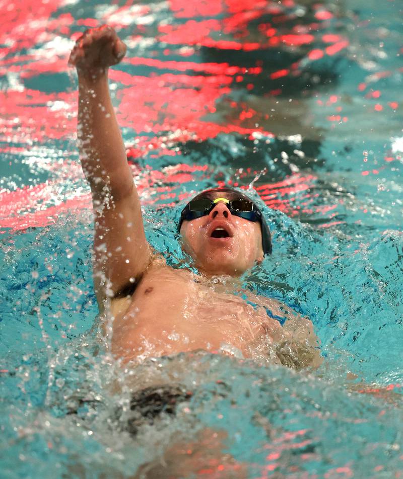DeKalb-Sycamore co-op swimmer Christopher Thunder competes in the varsity 200 yard individual medley Thursday, Jan. 23, 2025, during their meet against Metea Valley at the Huntley Middle School Pool in DeKalb.