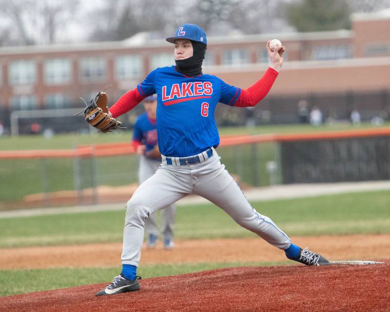 Lake's John Zutkis delivers a pitch against Crystal Lake Central on Friday April 4, 2025 in Crystal Lake.
